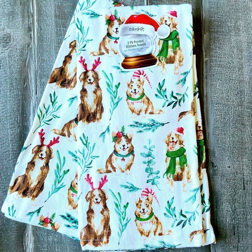 Christmas Dogs Lab Corgi Print Holiday Kitchen Dish Towels Set